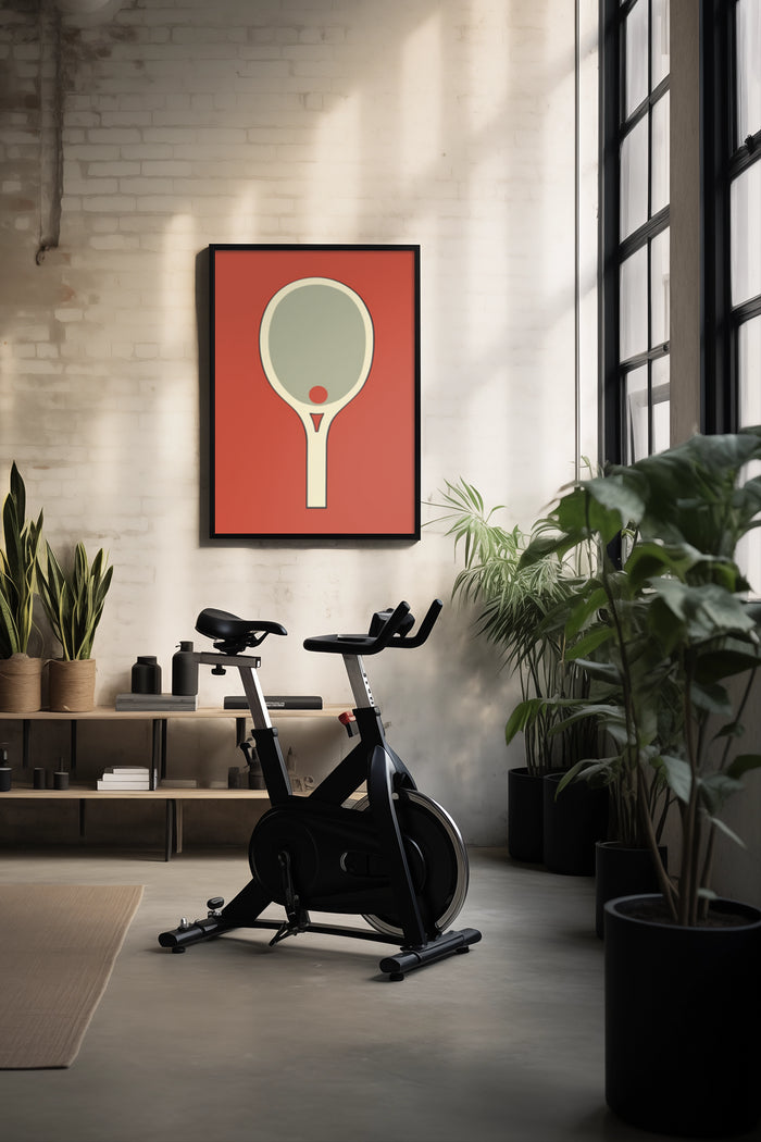 Minimalist Table Tennis Racket Artwork on Wall Above Exercise Bike in Contemporary Styled Room