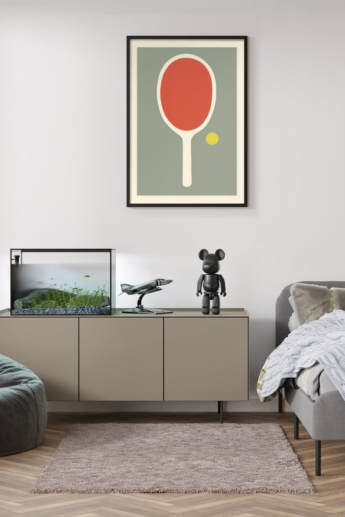 Minimalist style poster of a ping pong racket and ball in a modern living room setting