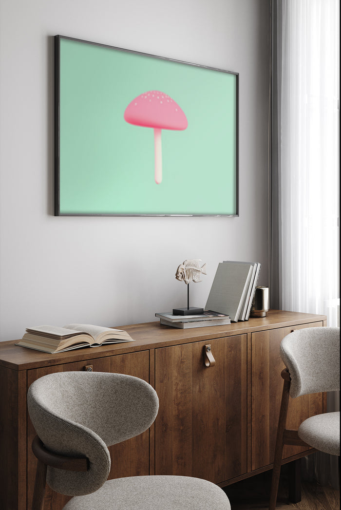 Minimalist Pink Mushroom Ice Cream Poster in Modern Home Interior