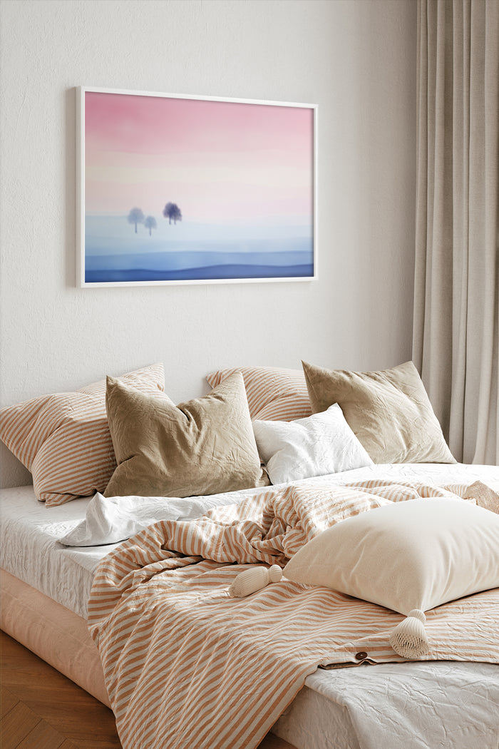 Minimalist pink sunset landscape painting in a cozy bedroom setting with stylish bedding