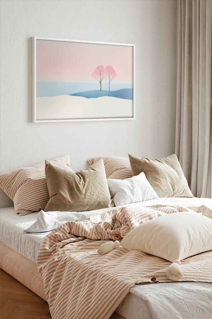 Minimalist Pink Sunset Landscape Poster Framed in Modern Bedroom Interior Design