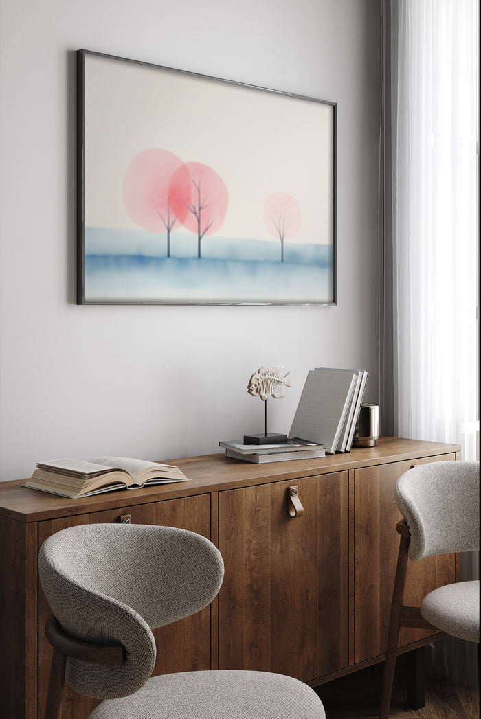 Minimalist abstract art with pink trees on a poster, displayed in a contemporary office setting