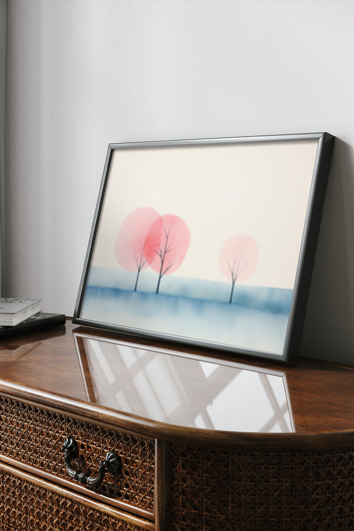 Minimalist pink trees artwork in a modern frame on a wooden sideboard