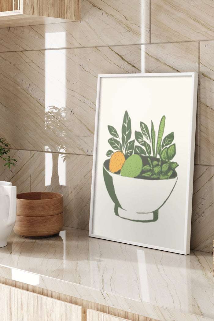 Minimalist illustration of a bowl with plants and fruit in a stylish home decor setting