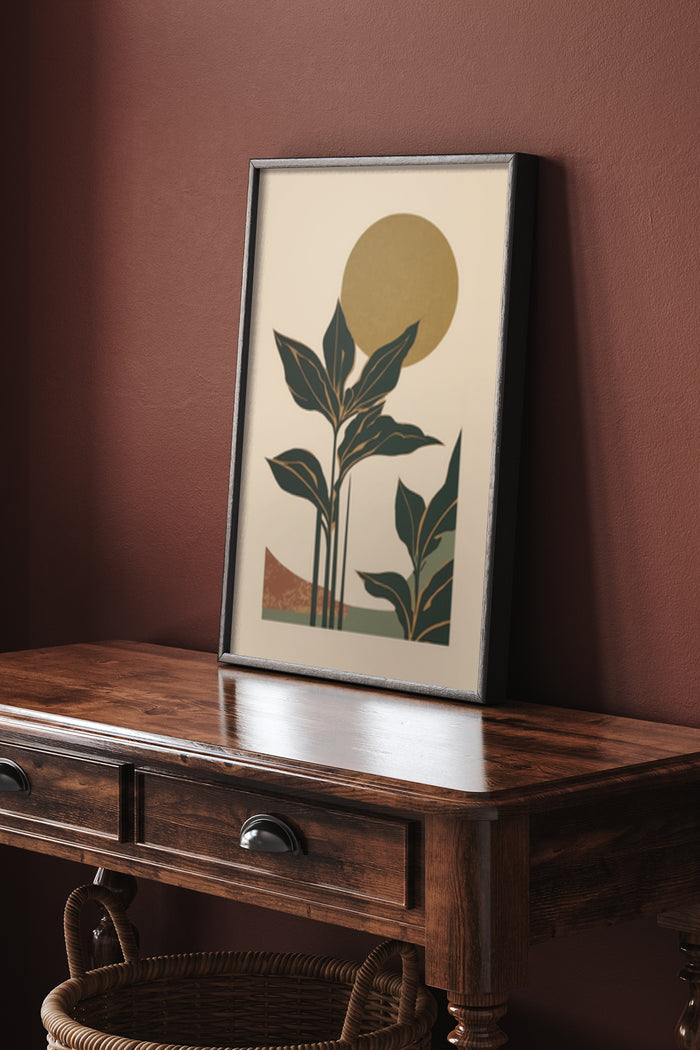 Minimalist Plant Artwork Framed Poster Featuring a Golden Sun in a Stylish Interior