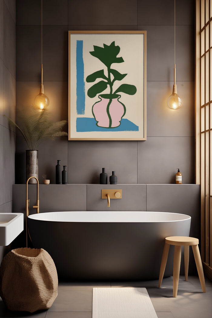 Minimalist artwork of a green plant in a pink vase poster hanging in a contemporary bathroom with stylish decor