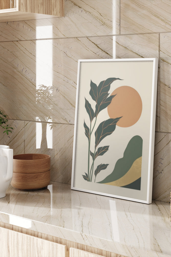 Minimalist botanical artwork featuring a plant silhouette with a stylized sun and abstract hills in a modern interior setting