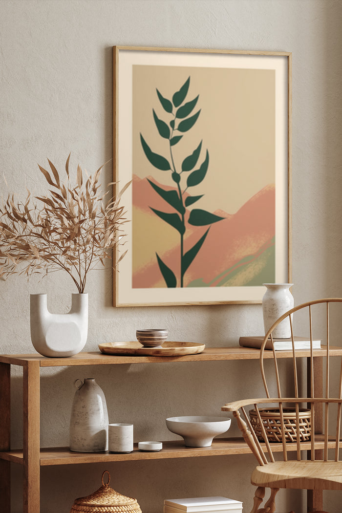 Minimalist green plant artwork with mountain background hung in a modern home interior