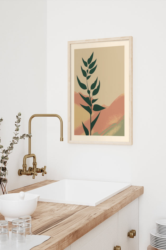 Minimalist plant poster with green foliage and warm earth tones displayed above a kitchen sink