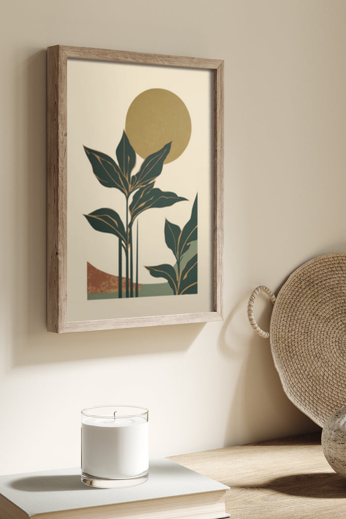 Minimalist artwork of a plant and rising sun in a wooden frame for modern home decoration