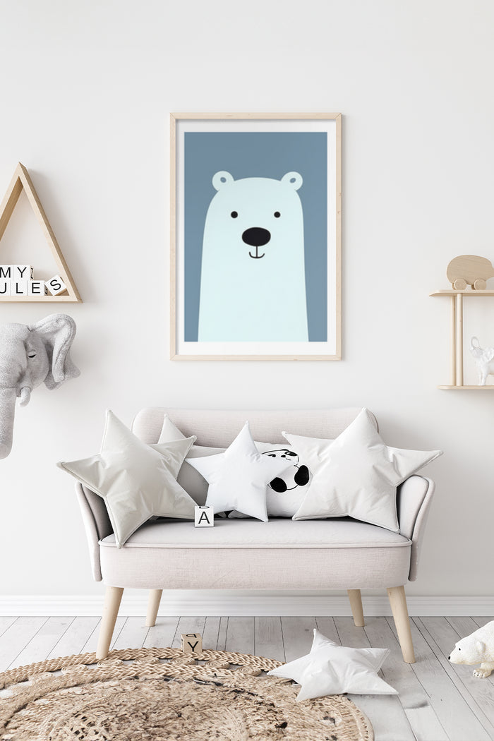 Minimalist polar bear artwork poster displayed in a contemporary living room with stylish decor