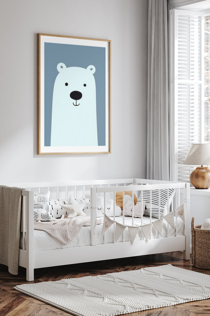 Minimalist polar bear poster framed in a modern nursery room