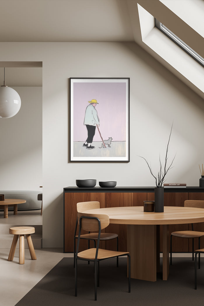 Minimalist art poster of a person walking a small dog wearing a yellow hat in modern interior