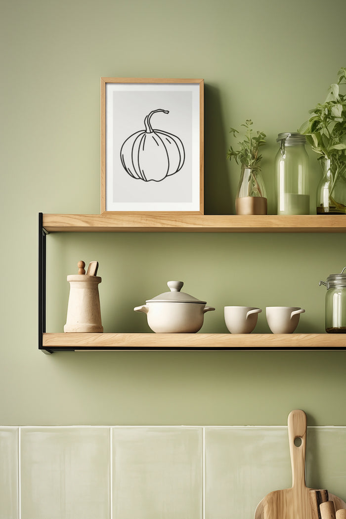Minimalist black and white pumpkin illustration framed on a kitchen shelf with greenery and dinnerware
