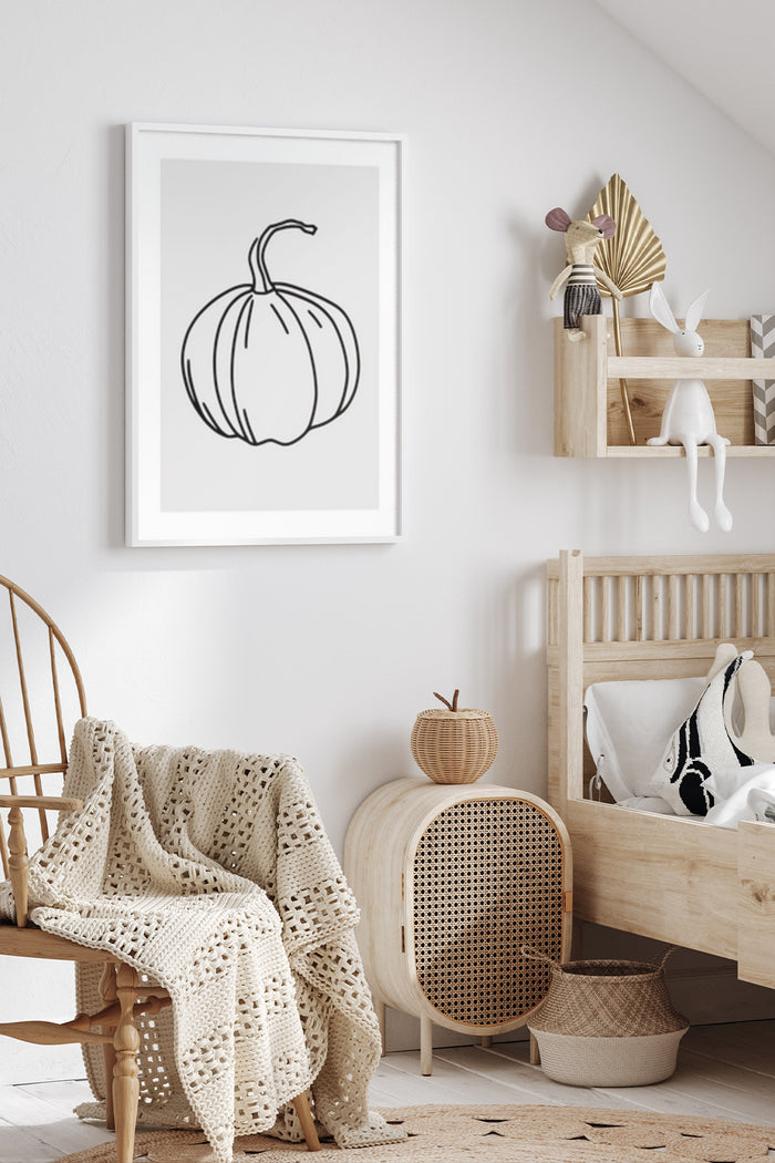 Minimalist Pumpkin Line Art Poster Displayed in a Stylish Home Interior