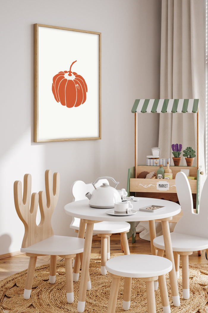 Minimalist Pumpkin Art Print Poster in Stylish Children's Playroom Interior