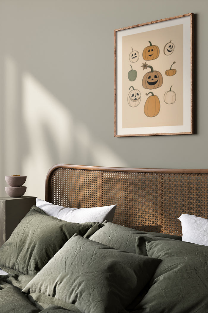 Minimalist pumpkin faces poster in modern bedroom interior setting