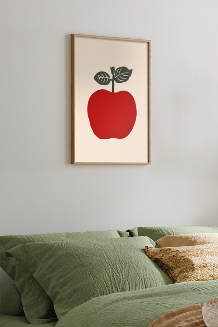 Minimalist red apple artwork poster framed on bedroom wall