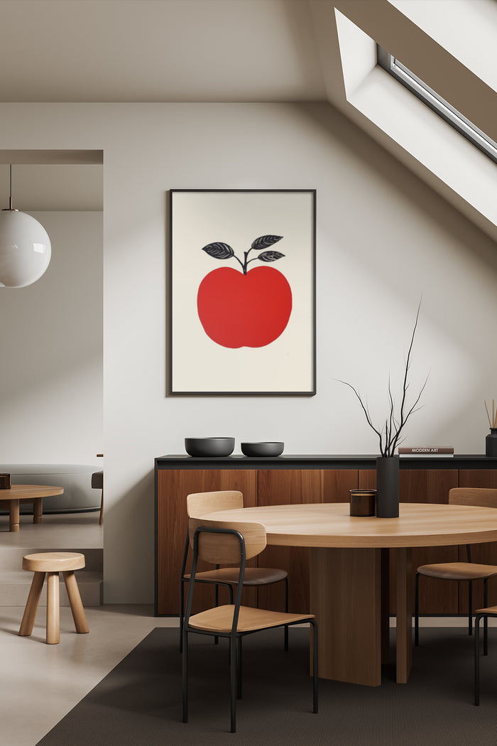 Minimalist Red Apple Art Poster displayed in a contemporary dining room setting