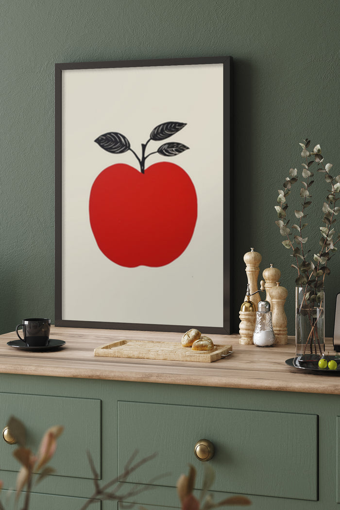 Minimalist red apple poster in a black frame as kitchen wall art decoration