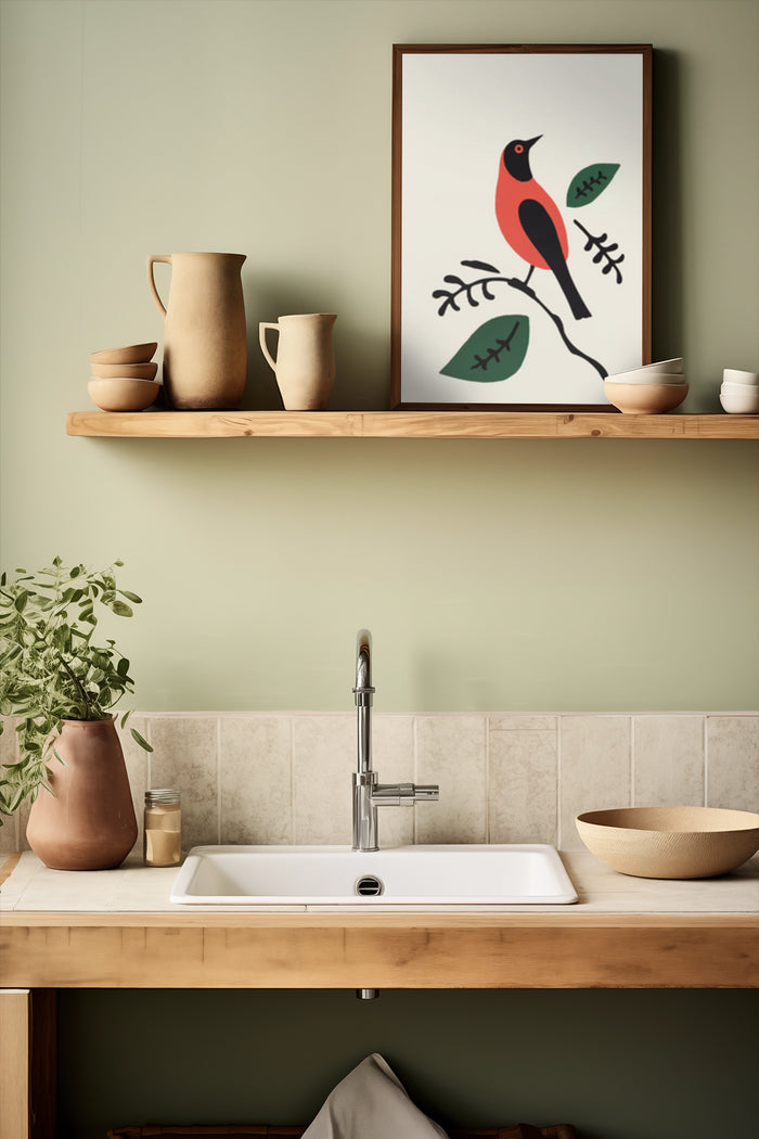 Minimalist red bird artwork poster on kitchen shelf as home decor