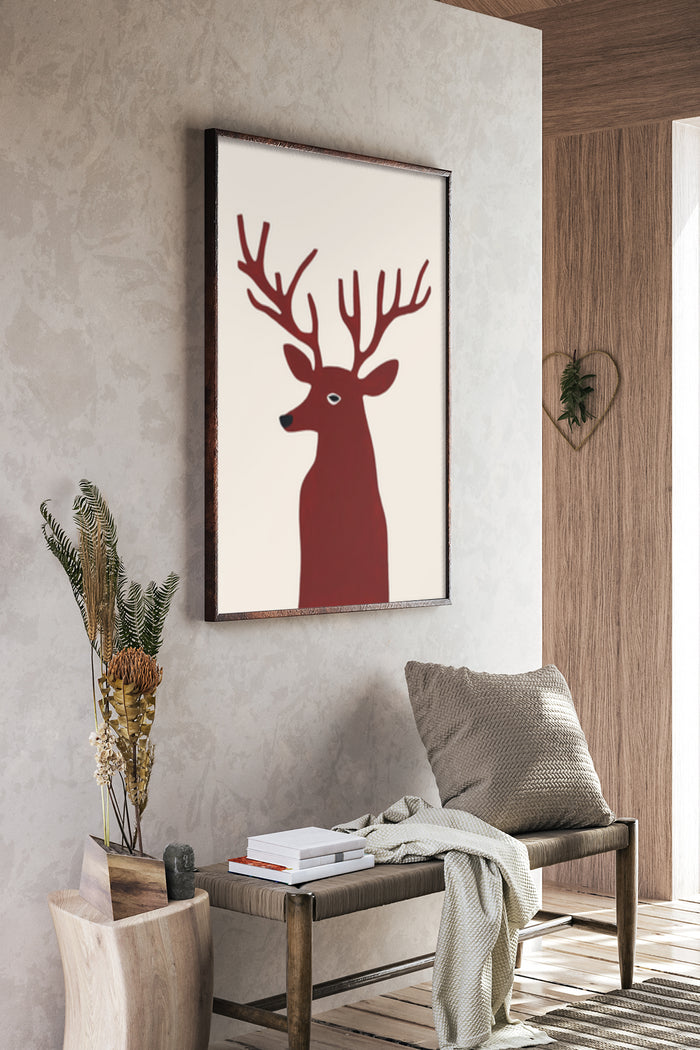 Minimalist Red Deer Illustration Artwork Poster in Modern Home Decor