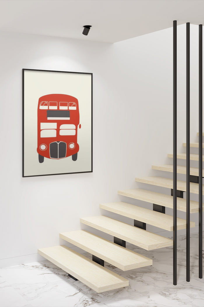 Minimalist red double-decker bus poster design in a modern interior setting