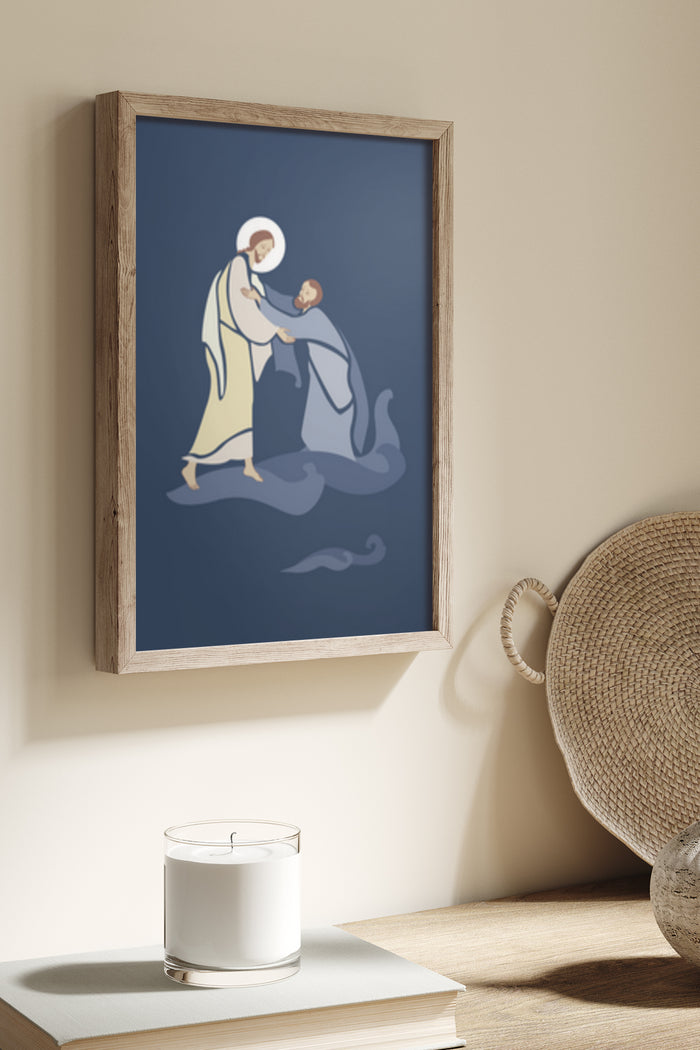 Minimalist religious artwork depicting Mary holding baby Jesus in a framed poster on a wall