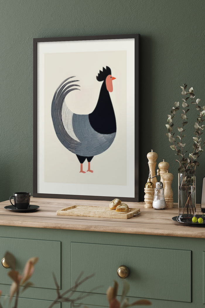 Minimalist rooster illustration poster framed on a wall in a modern kitchen setting