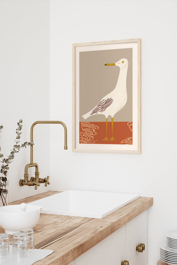 Minimalist Seagull Artwork Poster in a Stylish Bathroom Interior