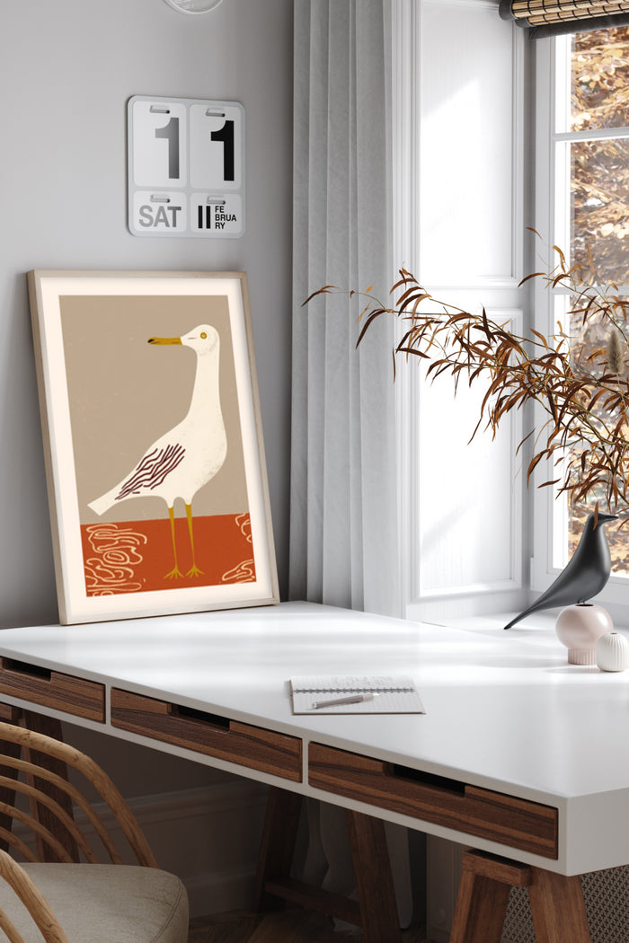 Minimalist Seagull Poster Art in Modern Home Office Decor