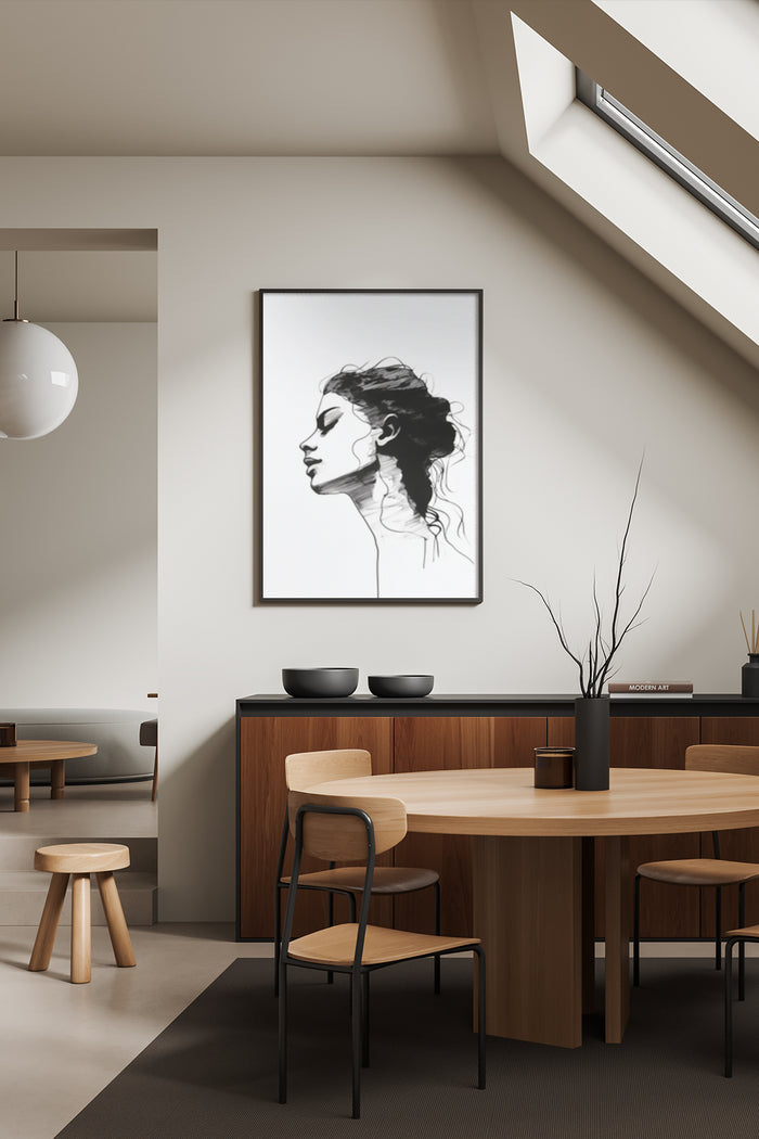 Monochrome minimalist sketch of a woman's profile on framed poster in contemporary dining room interior