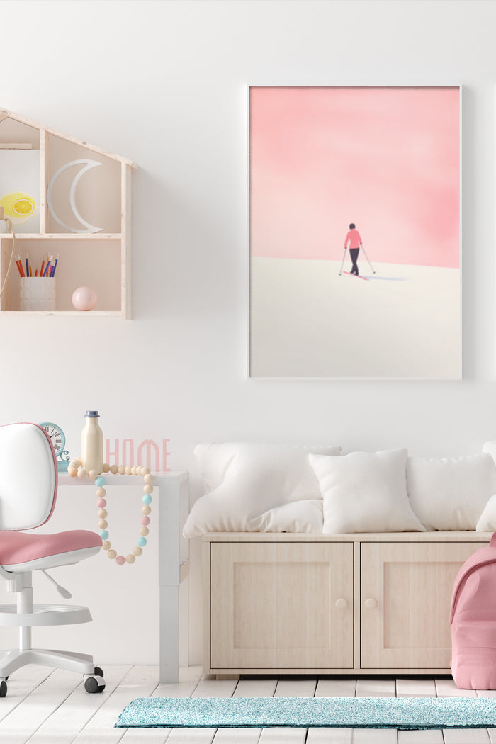 Minimalist ski poster with figure skiing on pink and white snow landscape in a modern living room