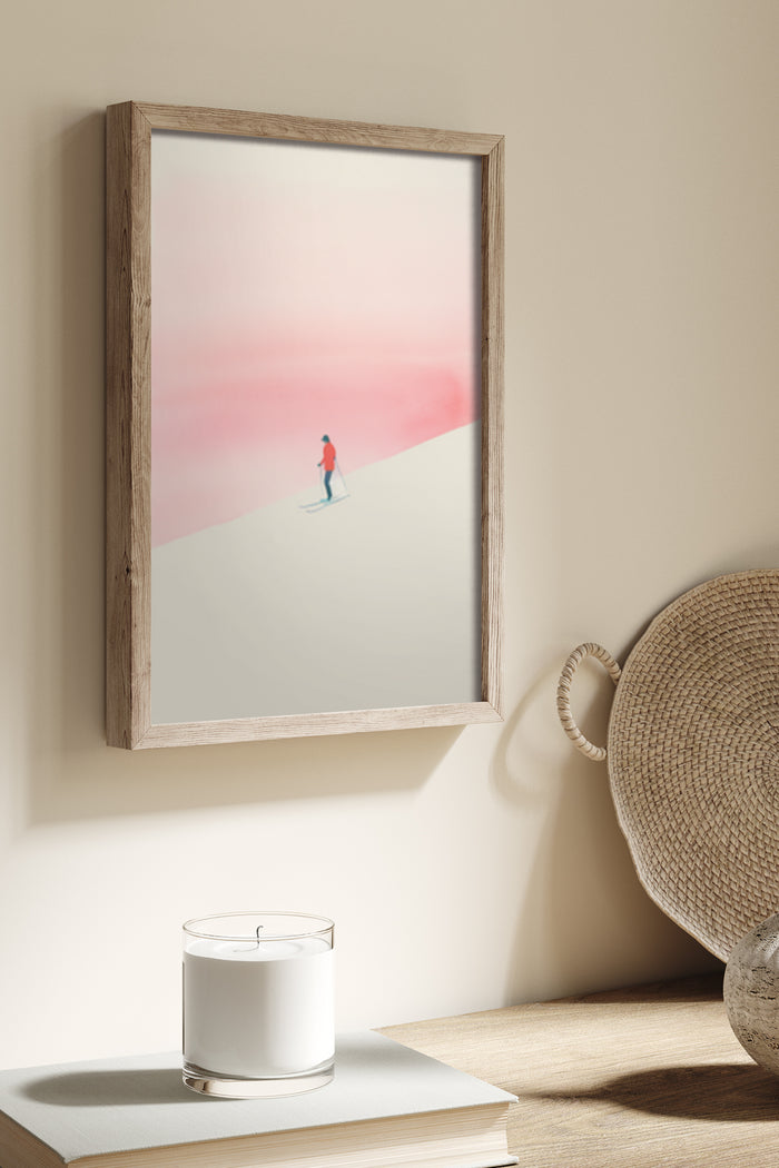 Minimalist artwork of a person skiing on a slope with a pink and white gradient background in a wooden frame