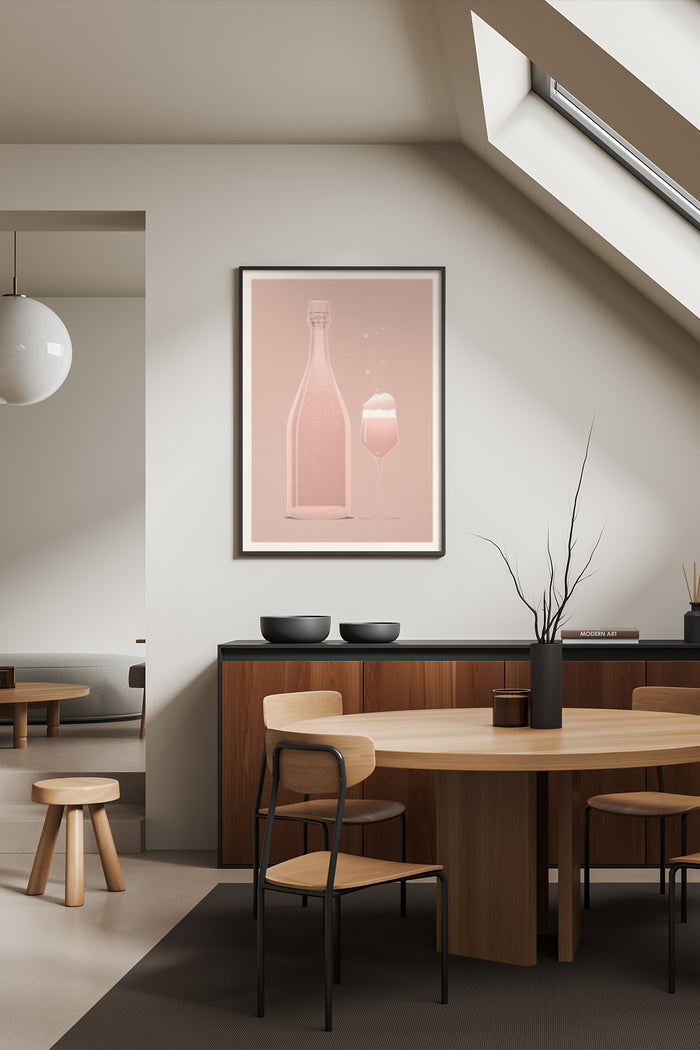 Minimalist artwork of a soda bottle next to a filled glass in a contemporary dining room setting