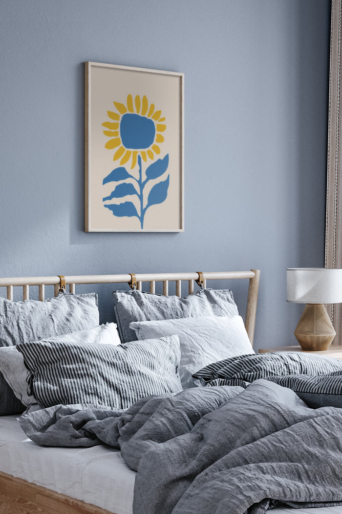 Stylish minimalist sunflower artwork in bedroom interior decor setting