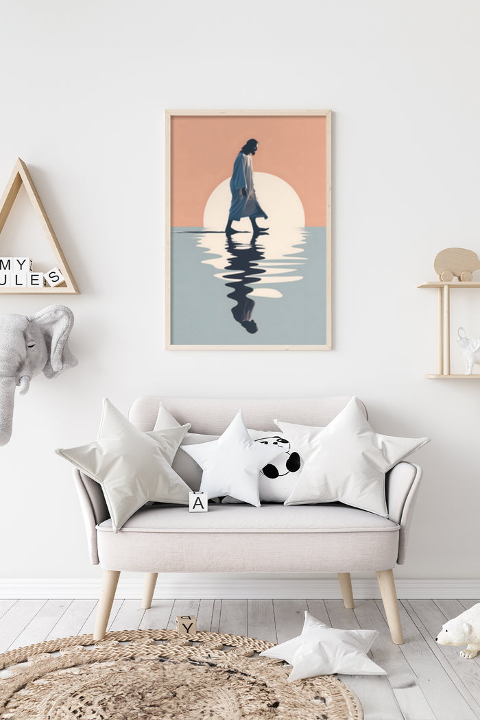 Abstract minimalistic poster with figure walking on water with sunrise background displayed in modern living room