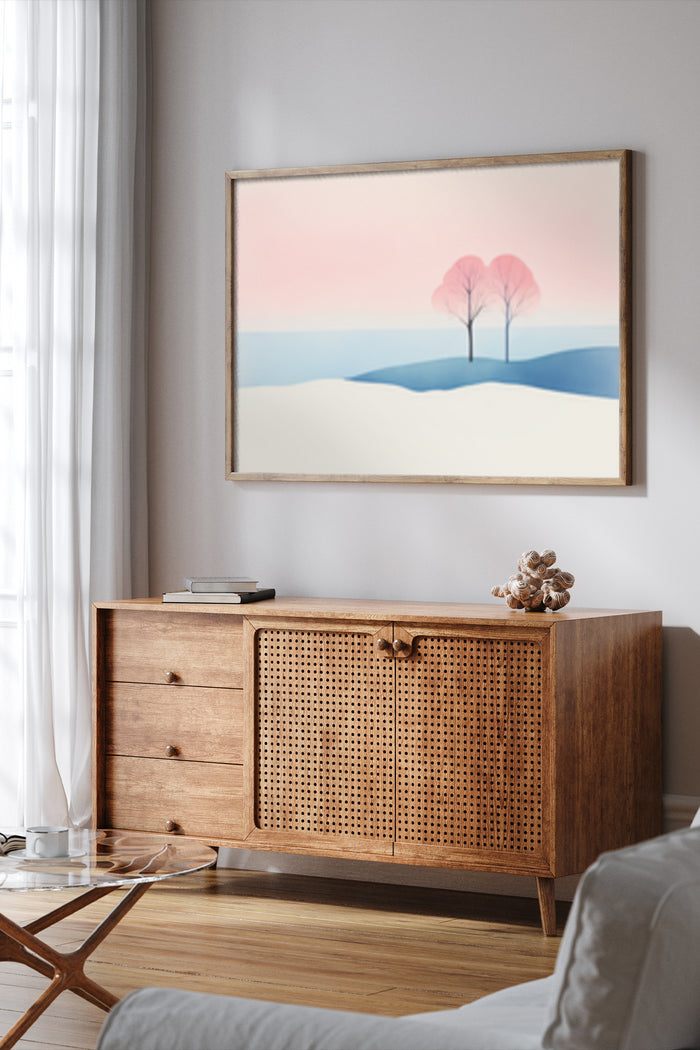 Minimalist sunset landscape art poster with two trees displayed above a wooden sideboard in a stylish living room