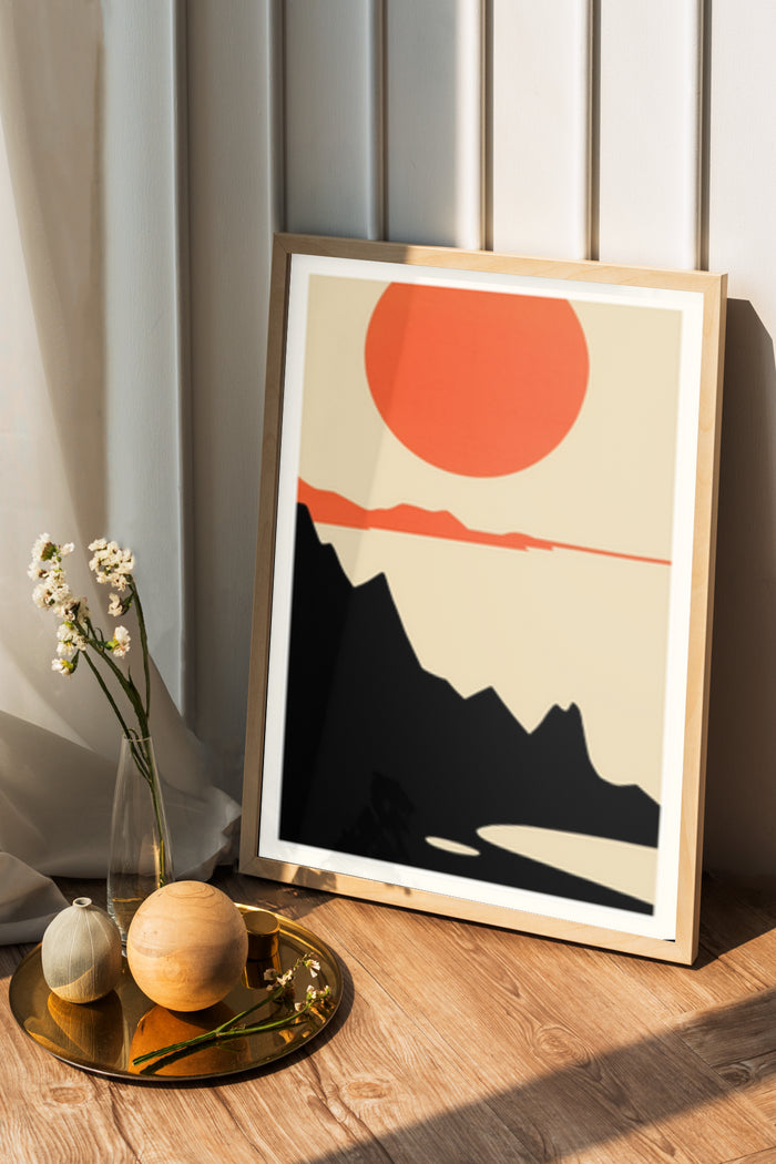 Minimalist sunset over mountain landscape poster in a wooden frame