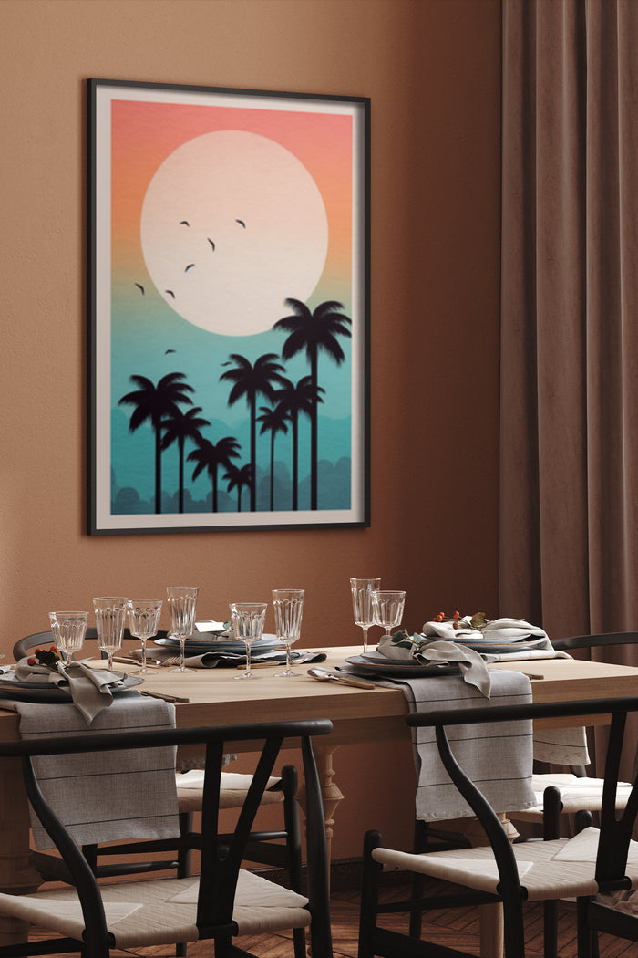 Minimalist sunset with palm trees poster in a modern dining room setting as wall decor