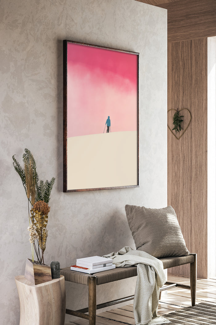 Minimalist sunset poster with silhouette of a person hanging in a stylish interior