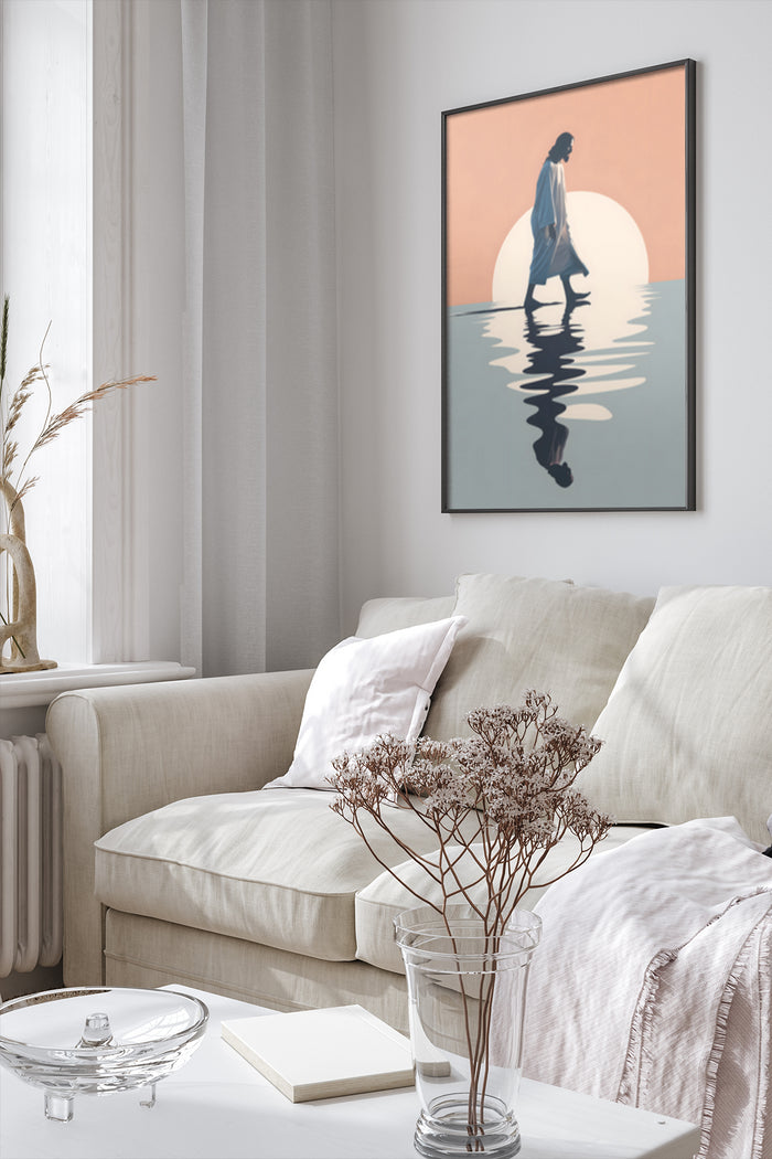 Minimalist art poster featuring a person's silhouette with sunset reflection in a stylish living room