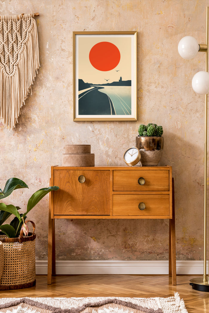 Minimalist sunset road art poster in a stylish interior setting