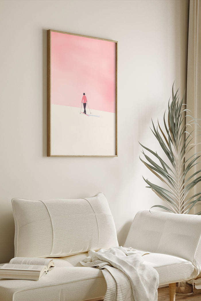 Minimalist surfing poster with surfer on beach against pink sky, displayed in modern home interior