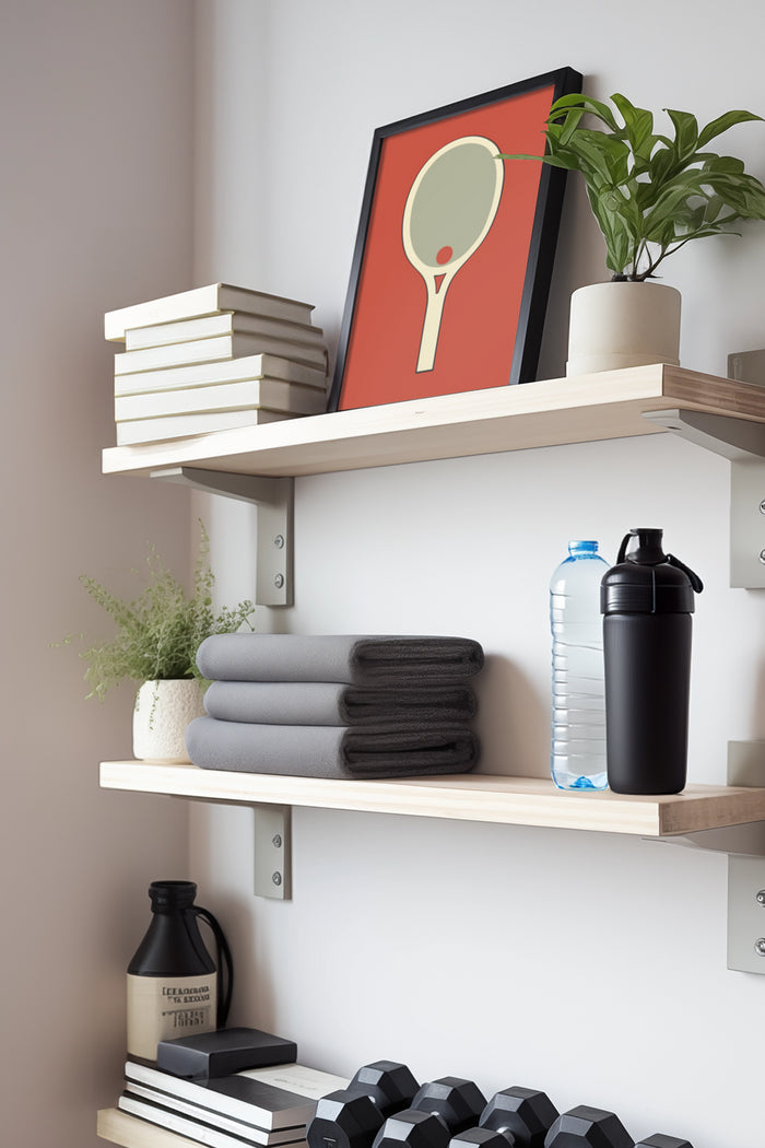 Modern Home Decor with Minimalist Tennis Racket Artwork on Shelf