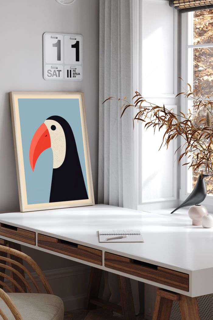 Minimalist Toucan Art Poster Displayed in Stylish Home Office Setting