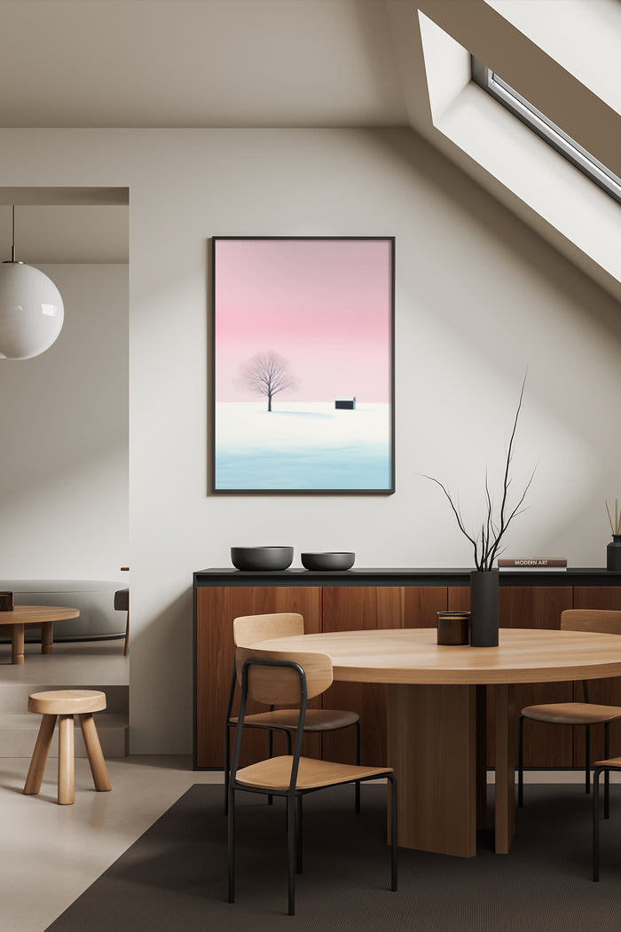 A minimalist art poster featuring a tree silhouette against a gradient sunset backdrop displayed in a contemporary dining room setting