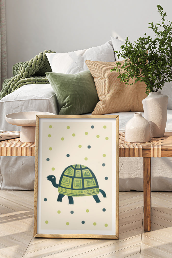 Stylish minimalist turtle art poster framed in a bedroom setting with cozy pillows and plant