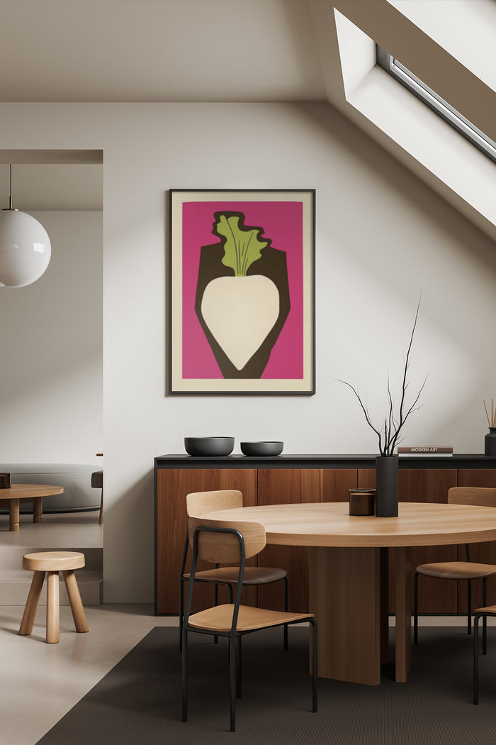 Minimalist Beetroot Art Poster Displayed in Contemporary Dining Room Interior