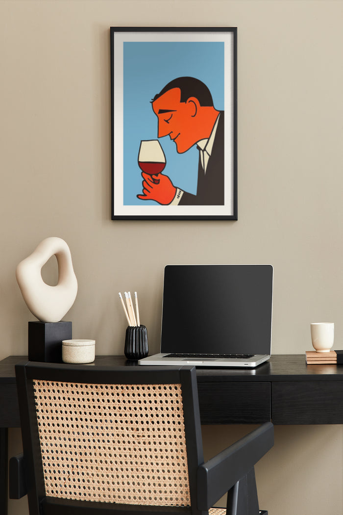 Minimalist vintage art of man tasting wine in modern home office with stylish decor